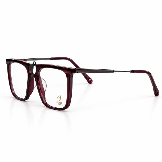 Jude Eyewear Burgundy Wine two-tone glasses, angled view.